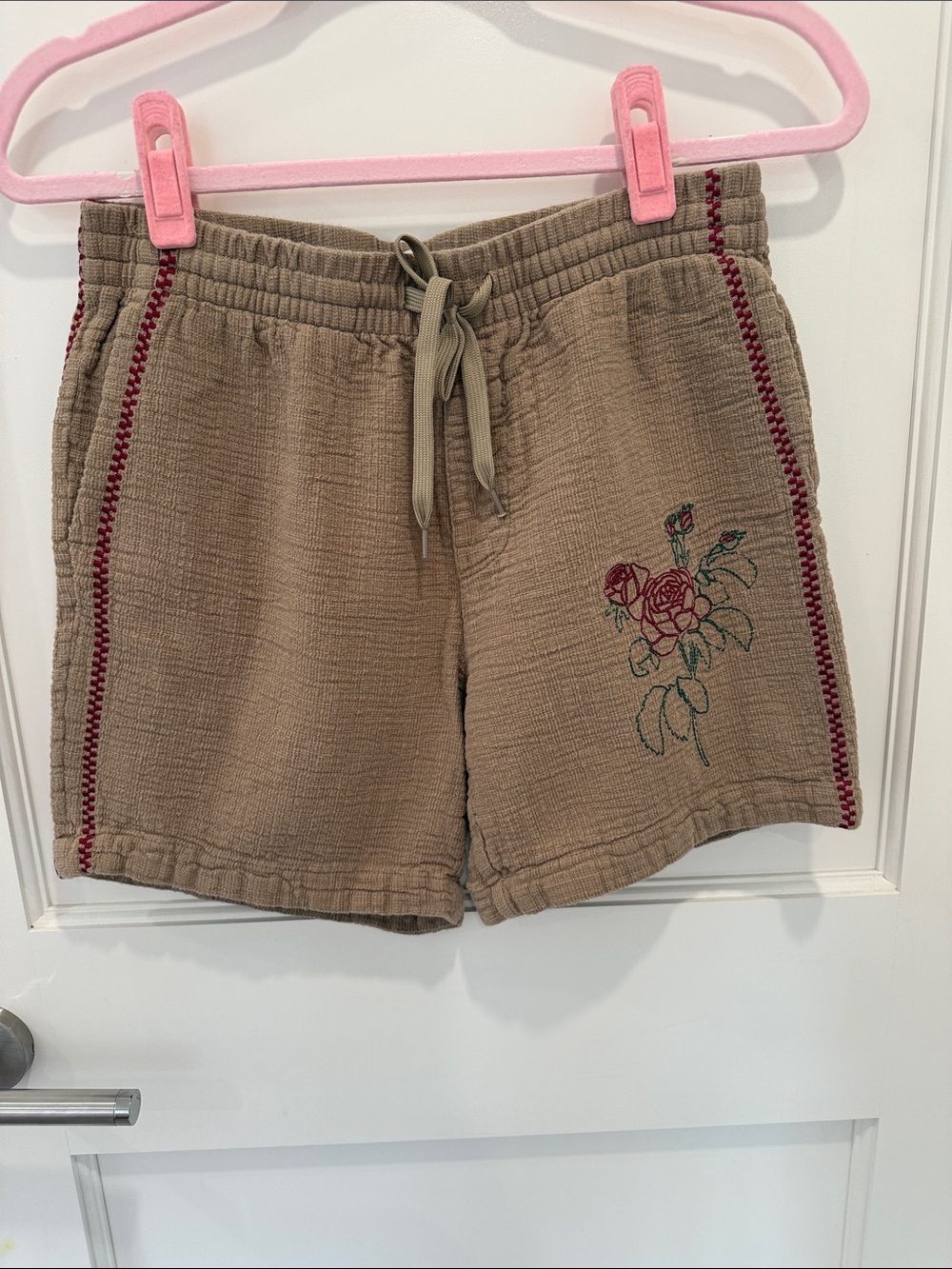 Tan Embroidered Rose Drawstring Shorts